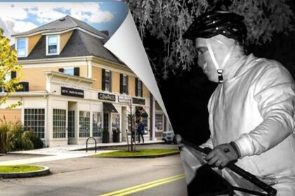 Masked helmeted prowler stalks Massachusetts mansion before slipping into woods in wealthy town: Its creepy
